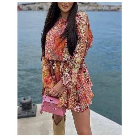 ZARA PRINTED SHORT DRESS MULTICOLORED BOHEMIAN TRAVEL RESORT FESTIVAL SZ S - Picture 5 of 16